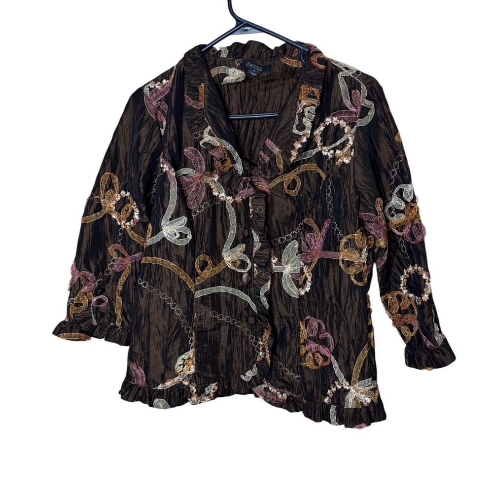 Vintage Dressbarn Collection Brown Crinkle Embroidered‎ Ribbon Ruffle Blouse S